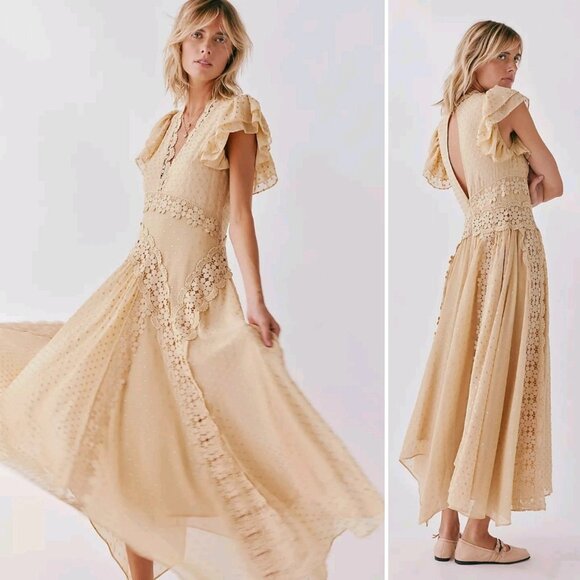 Free People Bali Keely Embroidered Dots Lace Chiffon BoHo Maxi Dress Sz XS - NWT - Picture 1 of 11
